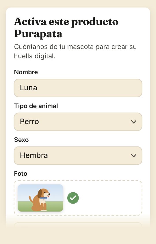 Formulario Activa este producto Purapata, con el nombre Luna, el tipo de animal Perro, el sexo Hembra y su foto