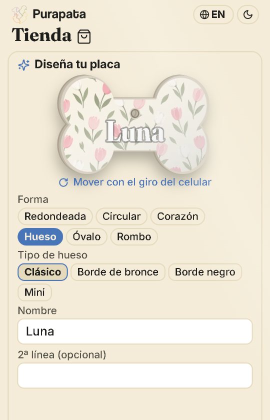 Tienda de Purapata, Diseña tu placa: una placa en forma de hueso con flores y el nombre Luna, con las opciones de forma, tipo de hueso y nombre